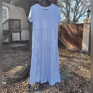 90s Vintage Light Blue and White 100% Cotton Scoop Neck Short Sleeve Dress